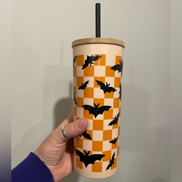 Other - 🦇FREE w/$50 purchase 🦇Orange Checkered Tumbler with Bats and wood lid with Straw